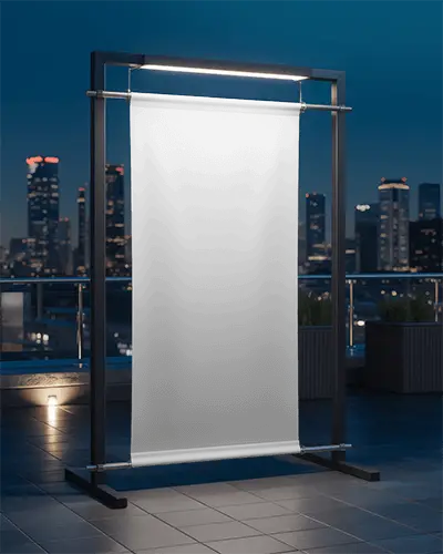 City Rooftop Banner Mockup With Evening Lights And High Rise Urban Skyline In Background Scene