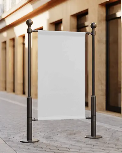 Banner Mockup On Street Posts In Daylight Urban Environment With Shallow Depth And Soft Shadow