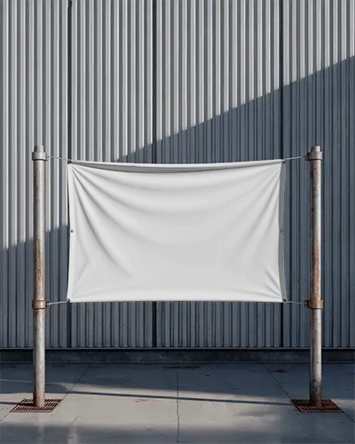 Industrial Banner Mockup On Metal Pipes In Harsh Light Outdoor Setting With Rugged Backdrop