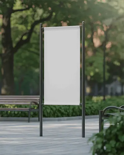Park Banner Mockup Mounted On Metal Stand With Green Nature Background And Early Light Glow
