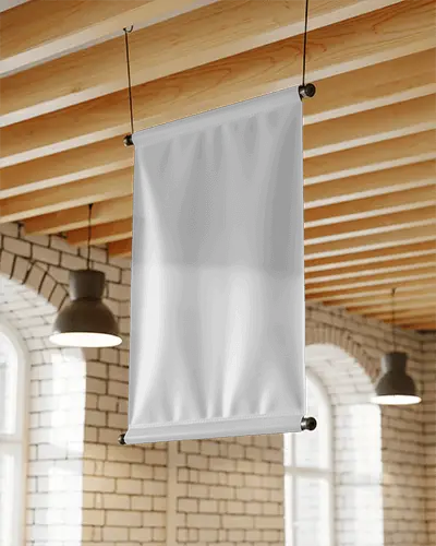 Interior Banner Mockup Hanging From Ceiling In Modern Cafe With Brick Walls And Soft Sunlight
