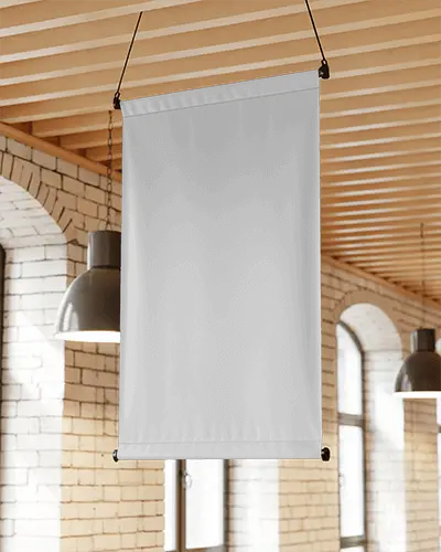 Hanging Banner Mockup In Urban Industrial Interior With Modern Lights And Natural Wall Texture