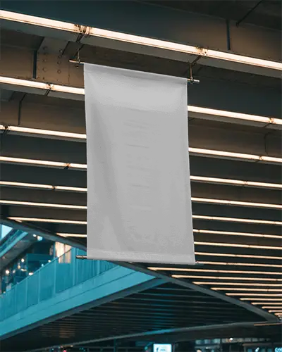 Modern Banner Mockup Suspended From Metal Structure In Urban Location With Evening Light