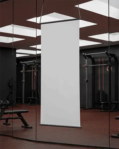 Interior Banner Mockup Reflected On Mirror Wall In Modern Fitness Environment With Lighting