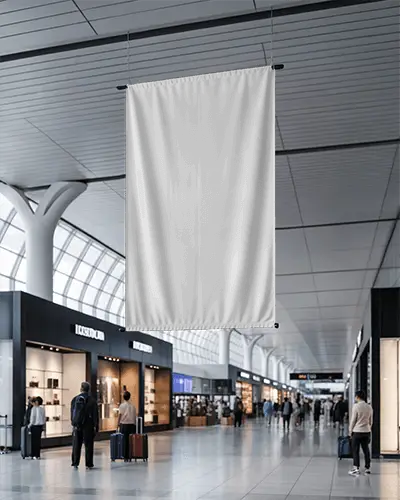Airport Terminal Banner Mockup Hanging In Spacious Interior With Shoppers And Sleek Architecture