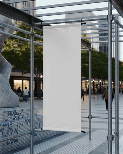 Urban Frame Banner Mockup On Metal Structure With People In Modern Shopping District Background