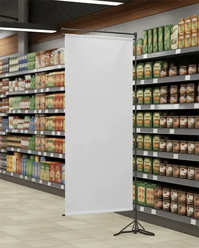 Grocery Store Banner Mockup On Standee In Front Of Product Shelves Under Fluorescent Lighting