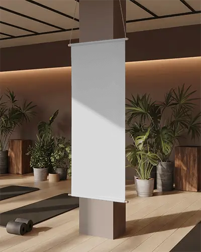 Modern Yoga Studio Banner Mockup Hanging From Ceiling With Sunlight And Potted Greenery Decoration
