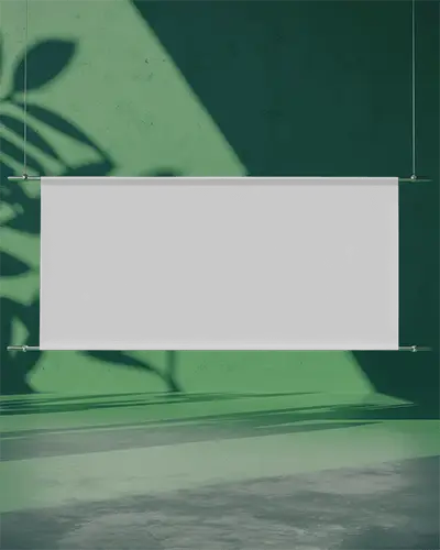 Clean Horizontal Banner Mockup On Color Wall With Tropical Shadow Overlay And Empty Floor Space