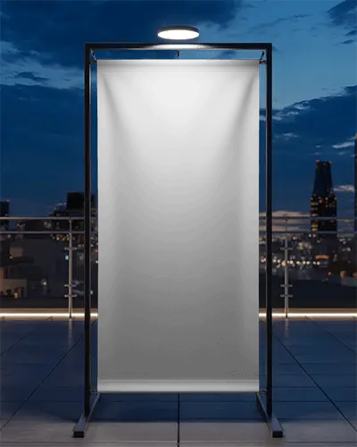 Rooftop Banner Mockup At Night With Metal Stand And City Lights In Background Under Soft Spotlight