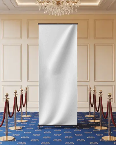 Luxury Event Banner Mockup In Formal Hall With Gold Trim Panels And Royal Blue Carpet Decoration
