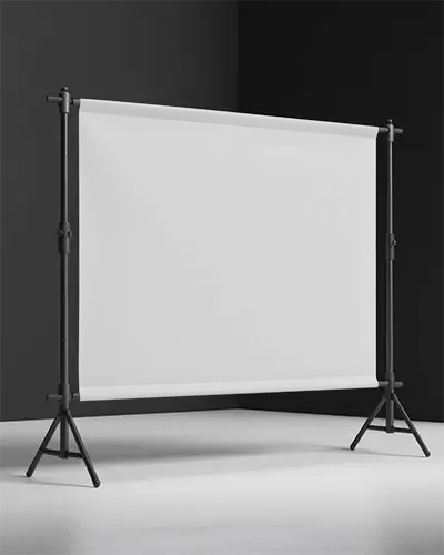 Minimalist Studio Banner Mockup With Tripod Stand And Clean White Floor In High Contrast Room