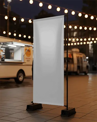 Night Market Banner Mockup With Festive String Lights And White Food Truck Background