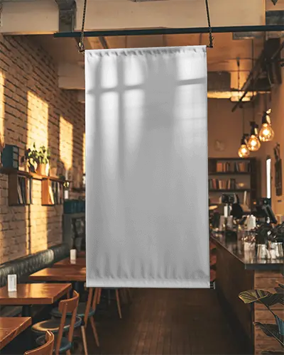 Cozy Cafe Banner Mockup Hanging From Ceiling With Soft Sunlight And Exposed Brick Wall Background