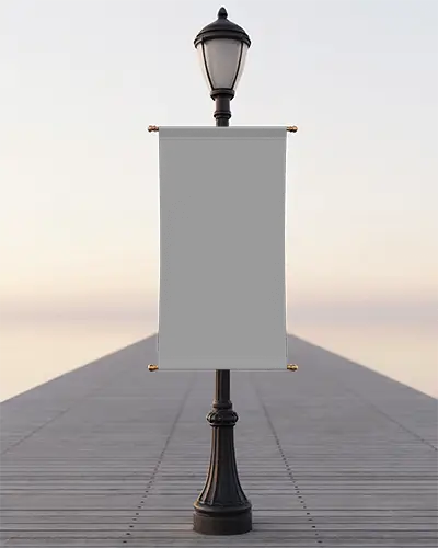 Lakeside Banner Mockup On Vintage Black Lamp Post With Boardwalk Path And Soft Morning Sky