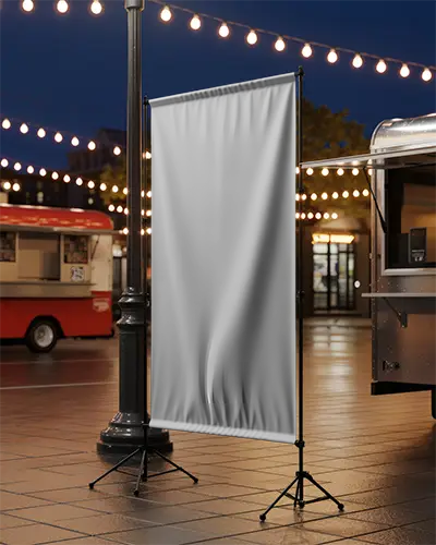 Night Market Banner Mockup With String Lights And Food Truck In Cozy Urban Outdoor Setting