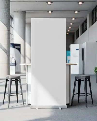 Indoor Event Banner Mockup In Modern Conference Hall With Stools And Sunlight From Glass Windows