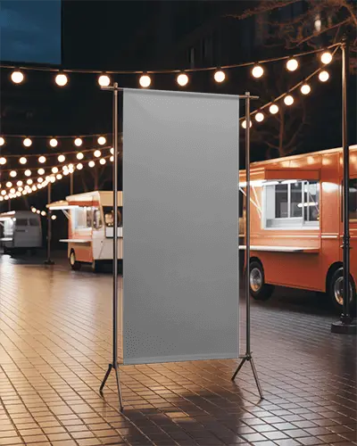 Vertical Banner Mockup At Night Street Food Market With String Lights And Glowing Vendor Trailers
