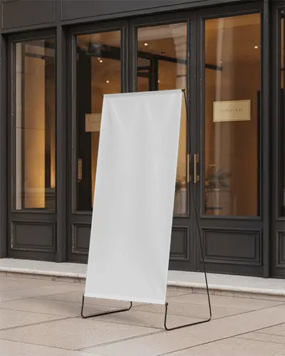 Elegant Boutique Entrance Banner Mockup On Tiled Floor With Glass Doors And Warm Interior Lighting