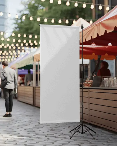 Outdoor Food Stall Banner Mockup At Evening Street Market With Crowd And Decorative Lights