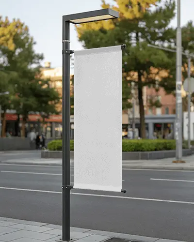 Street Banner Mockup On Urban Pole With Lighting For Advertisement Display On City Road