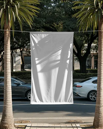urban-roadside-banner-mockup-hanging-between-palm-trees-with-car-and-sunset-shadows