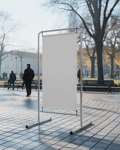 street-advertising-banner-mockup-with-metal-stand-on-paved-city-walkway