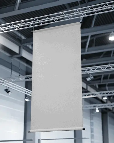 Large Vertical Hanging Banner Mockup For Exhibition Tradeshow And Indoor Promotion