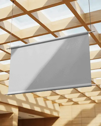 Hanging Rectangular Banner Mockup With Modern Ceiling Background For Advertisement