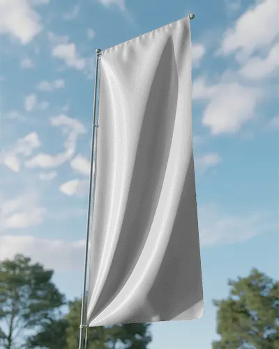 Vertical Outdoor Flag Banner Mockup On Pole Against Sky Background For Brand Promotion