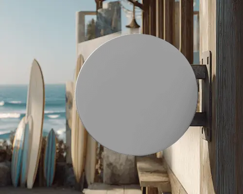 Round Circular Banner Mockup Mounted On Wooden Wall Outdoor Business Signage