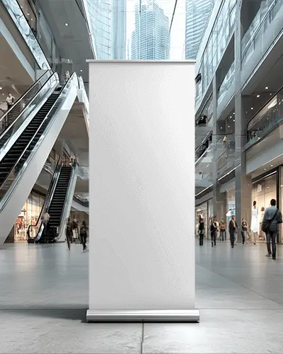 Vertical Blank Rollup Banner Mockup In Spacious Commercial Center For Advertising