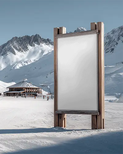 Outdoor Wooden Banner Mockup In Snowy Mountain Resort Scene Ready For Custom Advertising