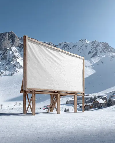 Blank Wooden Frame Banner Mockup In Winter Ski Resort Setting For Advertising