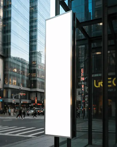 Vertical Banner Mockup In Downtown Cityscape With Reflective Glass Background