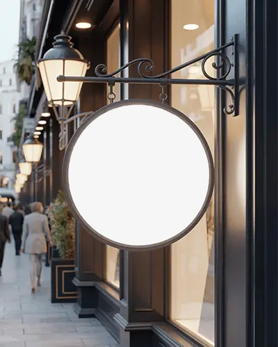 Vintage Round Outdoor Signage On Elegant Shopping Street For Retail Banner Mockup