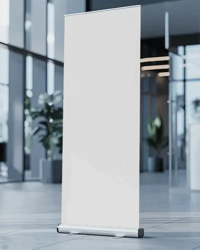 Vertical Banner Mockup In Modern Corporate Lobby For Advertising Promotions