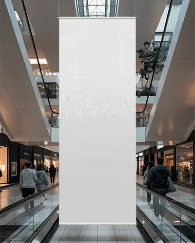 Vertical Empty Banner Mockup Hanging In Modern Shopping Center With Escalators