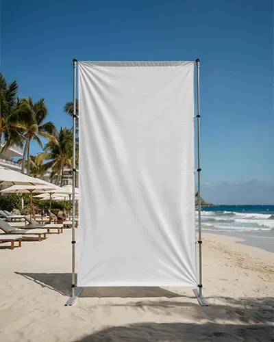 Seaside Sunlit Banner Mockup On Sandy Beach With Palm Trees And Luxury Resort Chairs In Background