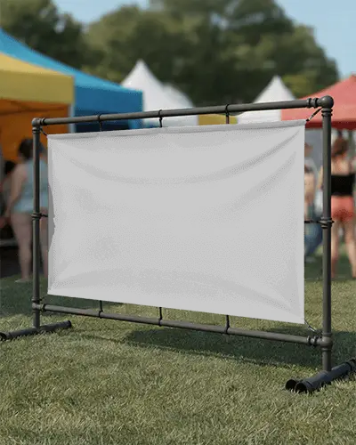 Outdoor Festival Banner Mockup On Metal Frame With Colorful Tents And Crowd In Sunny Park Setting