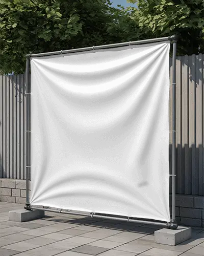 Modern Urban Banner Mockup On Metal Frame With Textured Fabric And Sunlit Outdoor Street Setting
