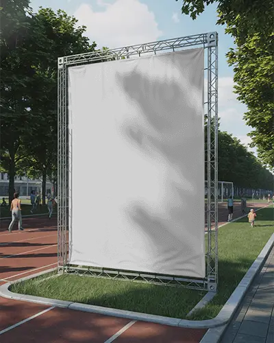 Outdoor Sports Track Banner Mockup On Metal Truss Frame With People Jogging In Sunny Park Setting