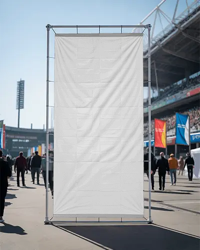 Realistic Stadium Banner Mockup On Metal Stand With People Walking And Colorful Event Flags Around