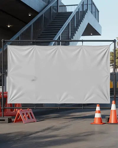 Urban Construction Banner Mockup On Metal Frame With Traffic Cones And Modern Staircase Background