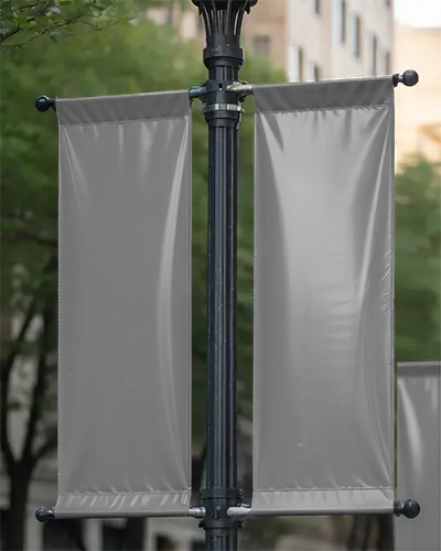 Blank Double Flag Banner Mockup On Light Pole For City Outdoor Promotion