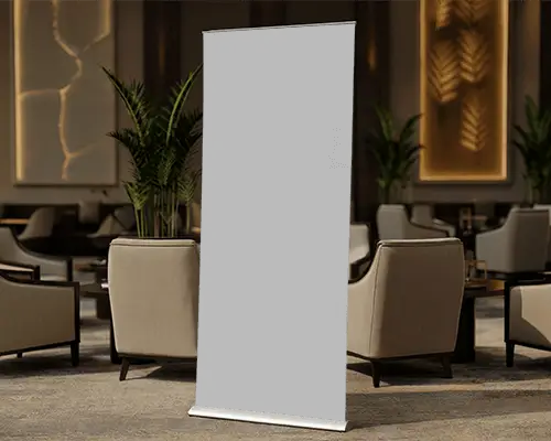 Modern Indoor Event Banner Mockup Showcasing Customizable Vertical Stand Design