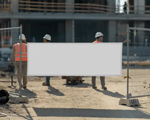 Blank Horizontal Banner Mockup To Fencing On Construction Site With Workers In Background
