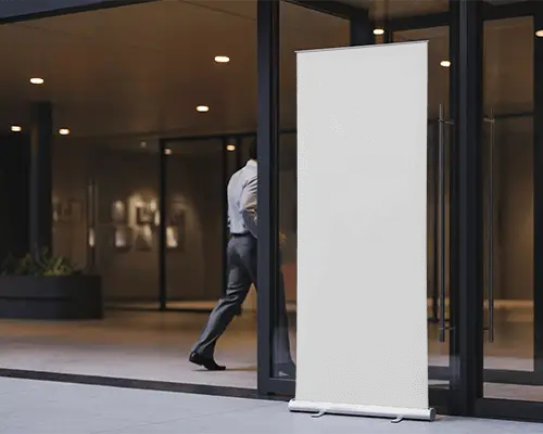Vertical Blank Pull Up Banner Mockup Outside Office With Glass Door Background