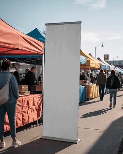 Empty Rollup Banner Mockup In Crowded Street Fair For Business Marketing