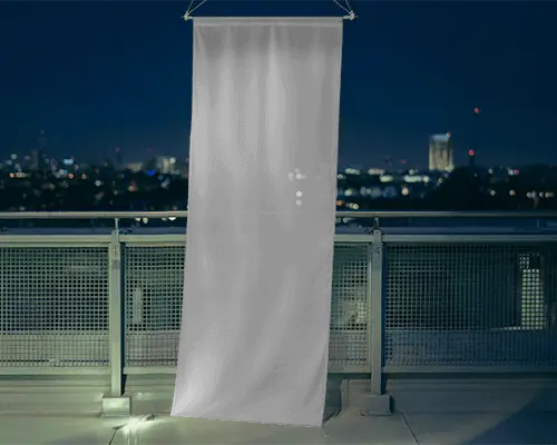 Vertical Banner Mockup On Rooftop Railing With Cityscape Background At Night